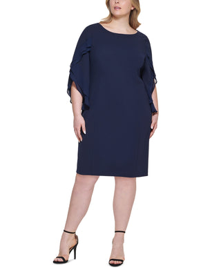 DKNY Women's Chiffon Sleeve Combo Sheath Dress Blue Size 18W