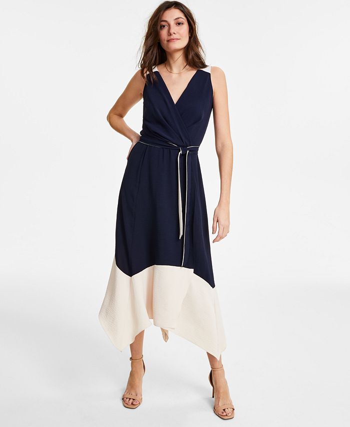 DKNY Women's Colorblocked Faux Wrap Dress Blue Size 12