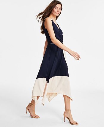 DKNY Women's Colorblocked Faux Wrap Dress Blue Size 12