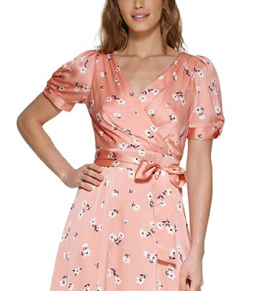 DKNY Women's Printed Satin Faux Wrap Midi Dress Pink Size 12