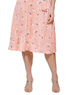 DKNY Women's Printed Satin Faux Wrap Midi Dress Pink Size 12