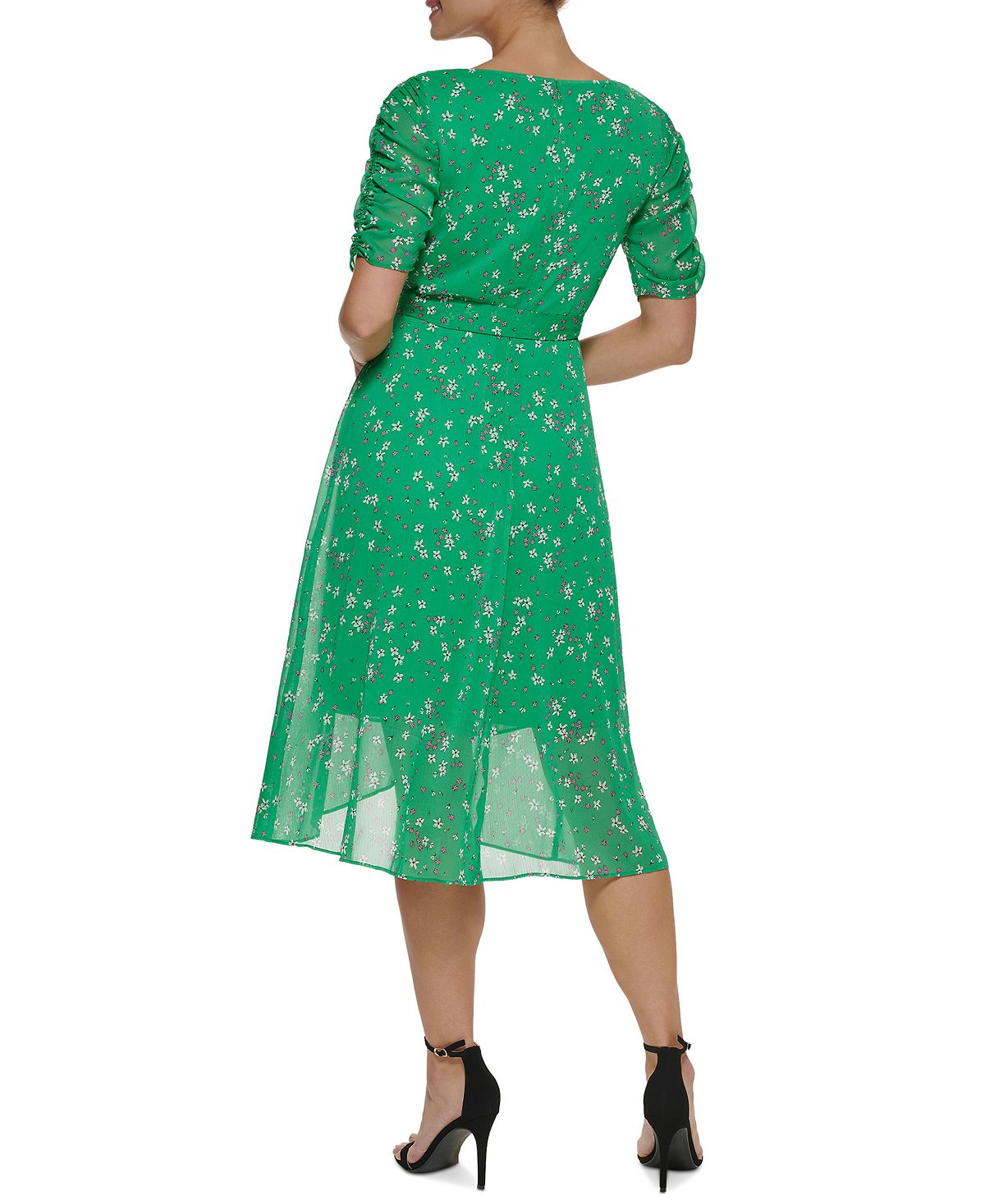 DKNY Women's Ruched Sleeve Faux Wrap Dress Green Size 14