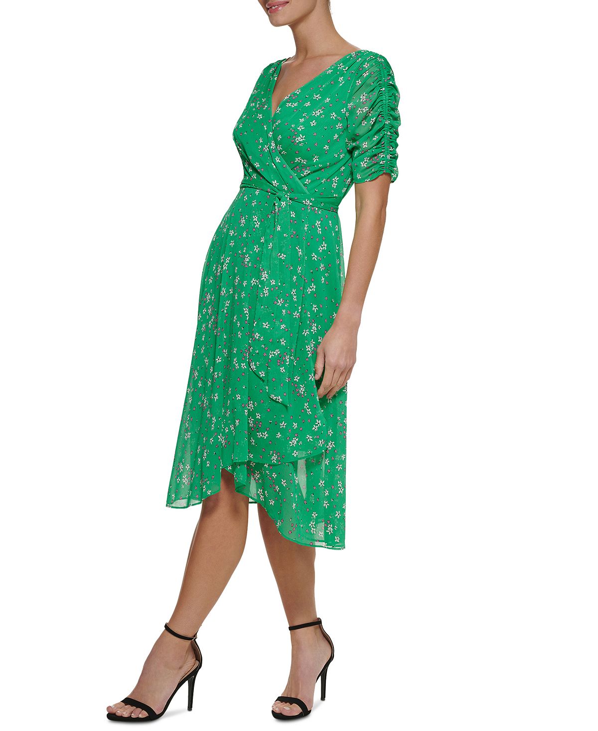 DKNY Women's Ruched Sleeve Faux Wrap Dress Green Size 14
