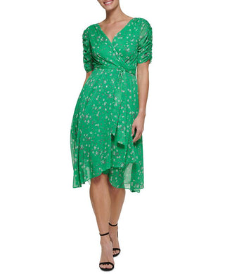 DKNY Women's Ruched Sleeve Faux Wrap Dress Green Size 8
