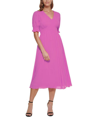 DKNY Women's Smocked Sleeve Midi Dress Pink Size 14