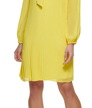 DKNY Women's Long Sleeve Tie Neck Pleated Shift Dress Yellow Size 14