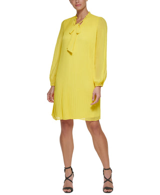 DKNY Women's Long Sleeve Tie Neck Pleated Shift Dress Yellow Size 14