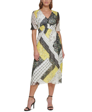 DKNY Women's Patchwork Print Midi Dress Black Size 6