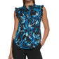 DKNY Women's Printed Ruffle Trim Top Blue Size Small