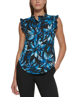 DKNY Women's Printed Ruffle Trim Top Blue Size Small