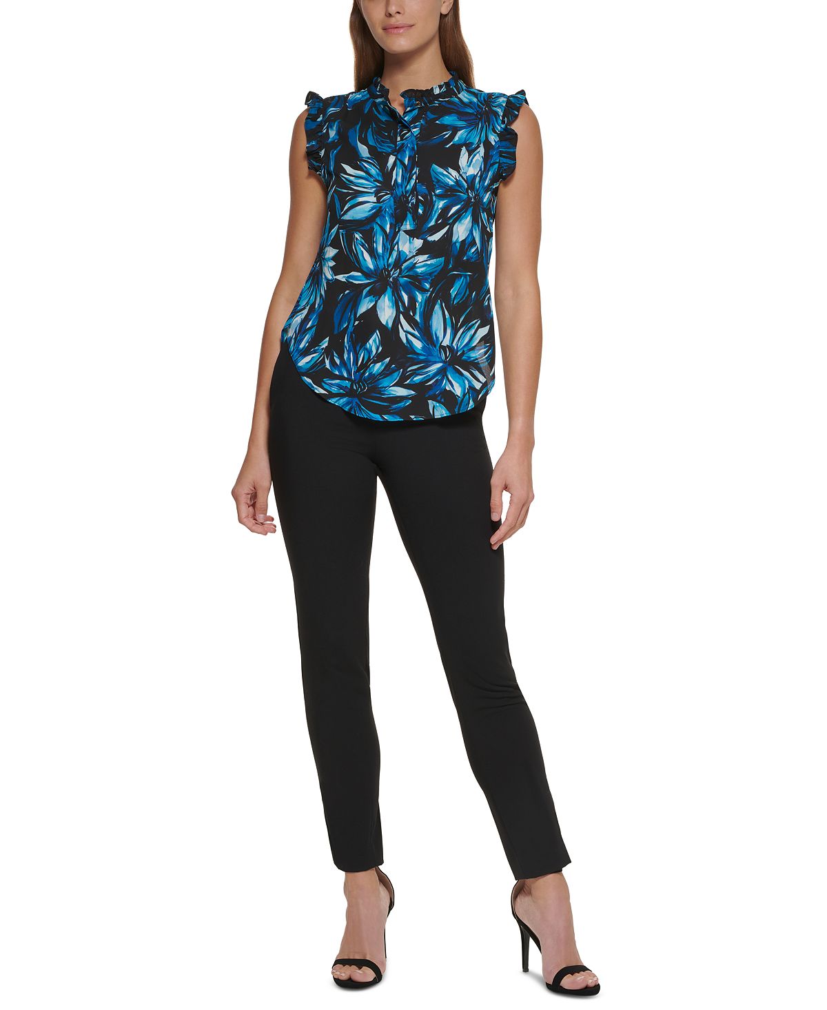 DKNY Women's Printed Ruffle Trim Top Blue Size Small