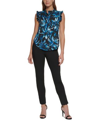DKNY Women's Printed Ruffle Trim Top Blue Size Small
