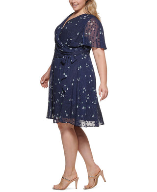 DKNY Women's V Neck Clip Dot Dress Blue Size Petite Small