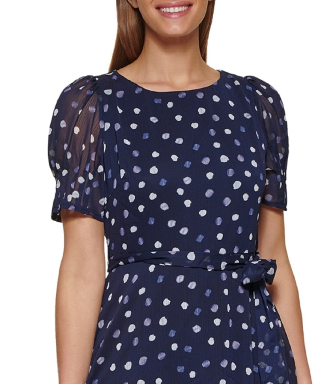 DKNY Women's Printed Puff Sleeve Fit & Flare Dress Blue Size 6