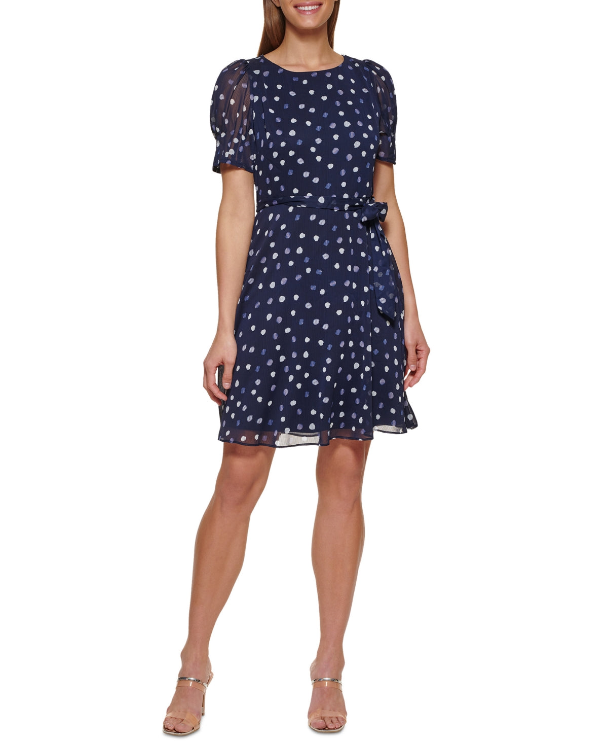 DKNY Women's Printed Puff Sleeve Fit & Flare Dress Blue Size 6