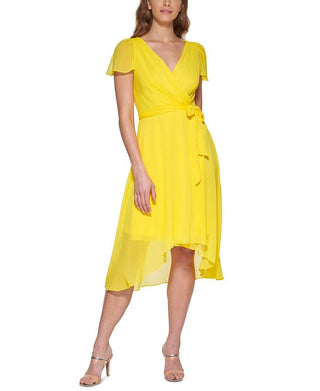 DKNY Women's Short Sleeve Faux Wrap Dress Yellow Size 10