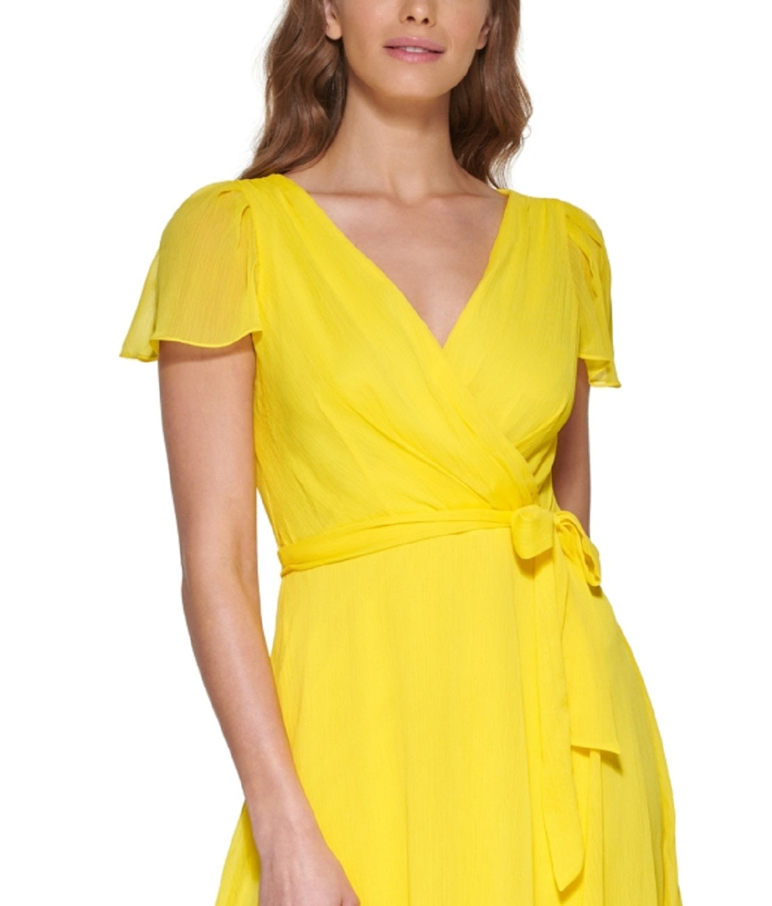 DKNY Women's Short Sleeve Faux Wrap Dress Yellow Size 10