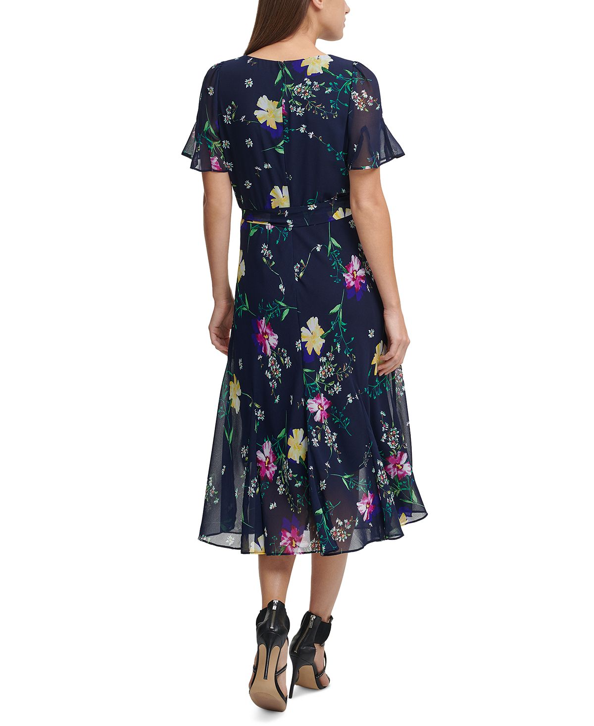 DKNY Women's Printed Godet Skirt Midi Dress Blue Size 8Petite