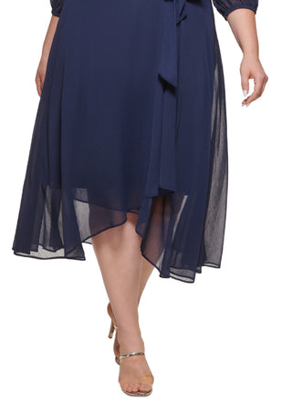 DKNY Women's Balloon Sleeve Faux Wrap Chiffon Dress Blue Size Petite Small