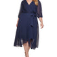 DKNY Women's Balloon Sleeve Faux Wrap Chiffon Dress Blue Size 16W