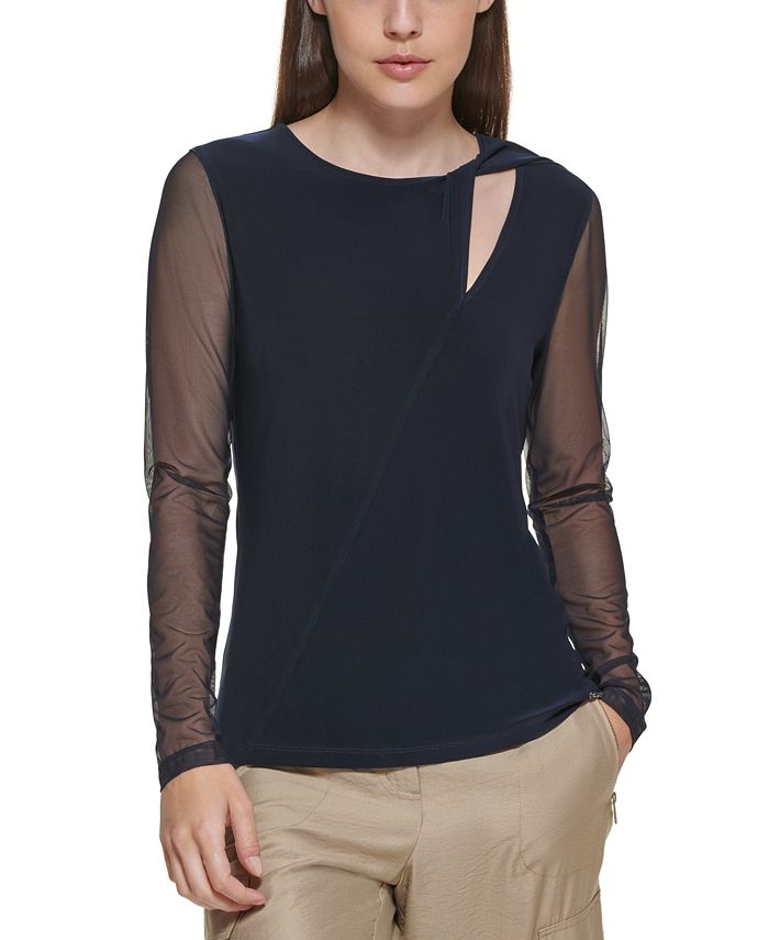 DKNY Women's Mesh Sleeve Keyhole Top Black Size X-Small