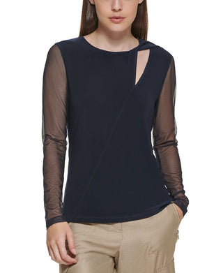 DKNY Women's Mesh Sleeve Keyhole Top Black Size X-Small