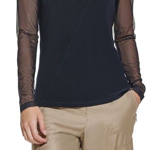 DKNY Women's Mesh Sleeve Keyhole Top Black Size X-Small