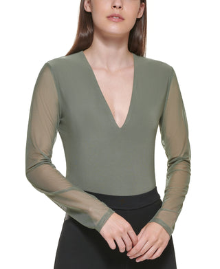 DKNY Women's Mixed Media V Neck Bodysuit Green Size Large