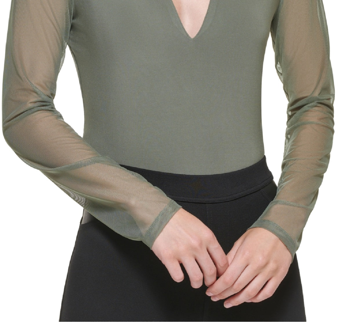 DKNY Women's Mixed Media V Neck Bodysuit Green Size Large