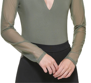 DKNY Women's Mixed Media V Neck Bodysuit Green Size Large