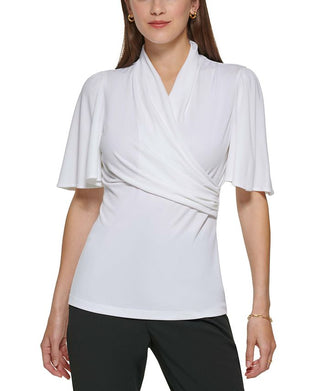 DKNY Women's Ruched Flutter Sleeve Top White Size Medium