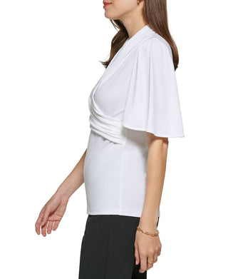 DKNY Women's Ruched Flutter Sleeve Top White Size Medium