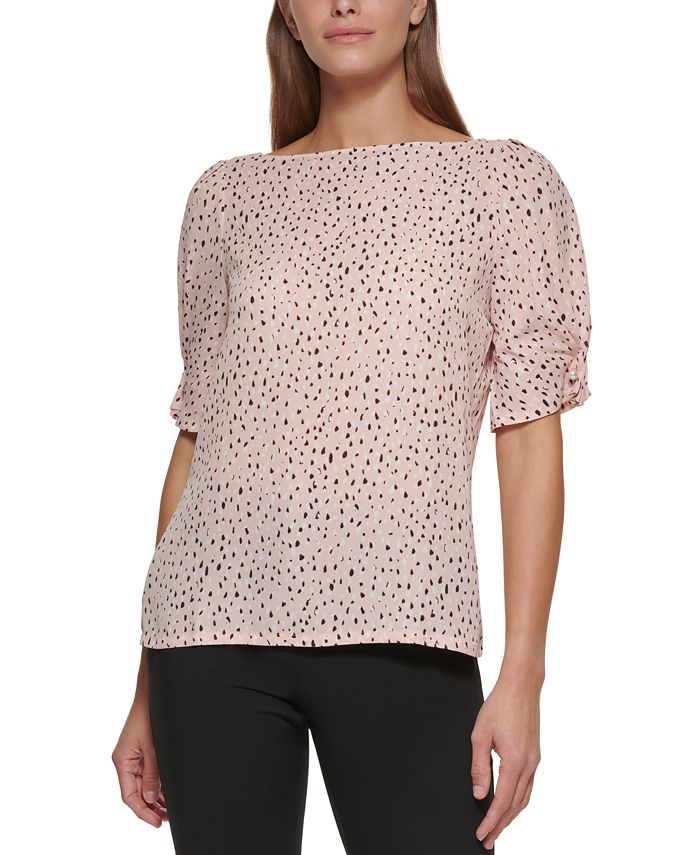 DKNY Women's Printed Elbow Sleeve Blouse Pink Size X-Large