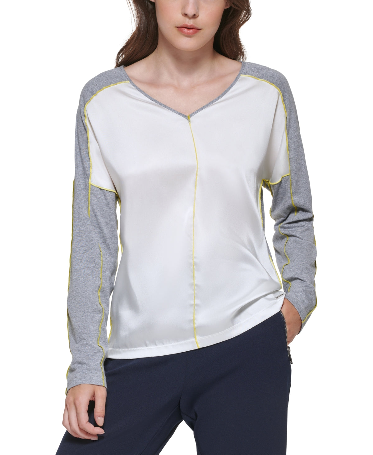 DKNY Women's Mixed Media V Neck Top Gray Size X-Large