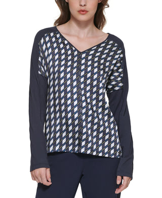 DKNY Women's Printed Mixed Media V Neck Top Blue Size X-Small