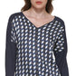 DKNY Women's Printed Mixed Media V Neck Top Blue Size X-Small