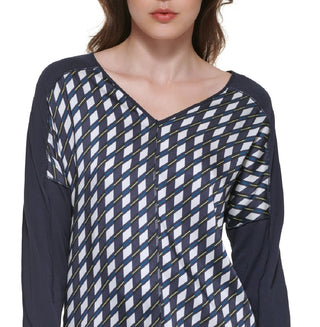 DKNY Women's Printed Mixed Media V Neck Top Blue Size X-Small