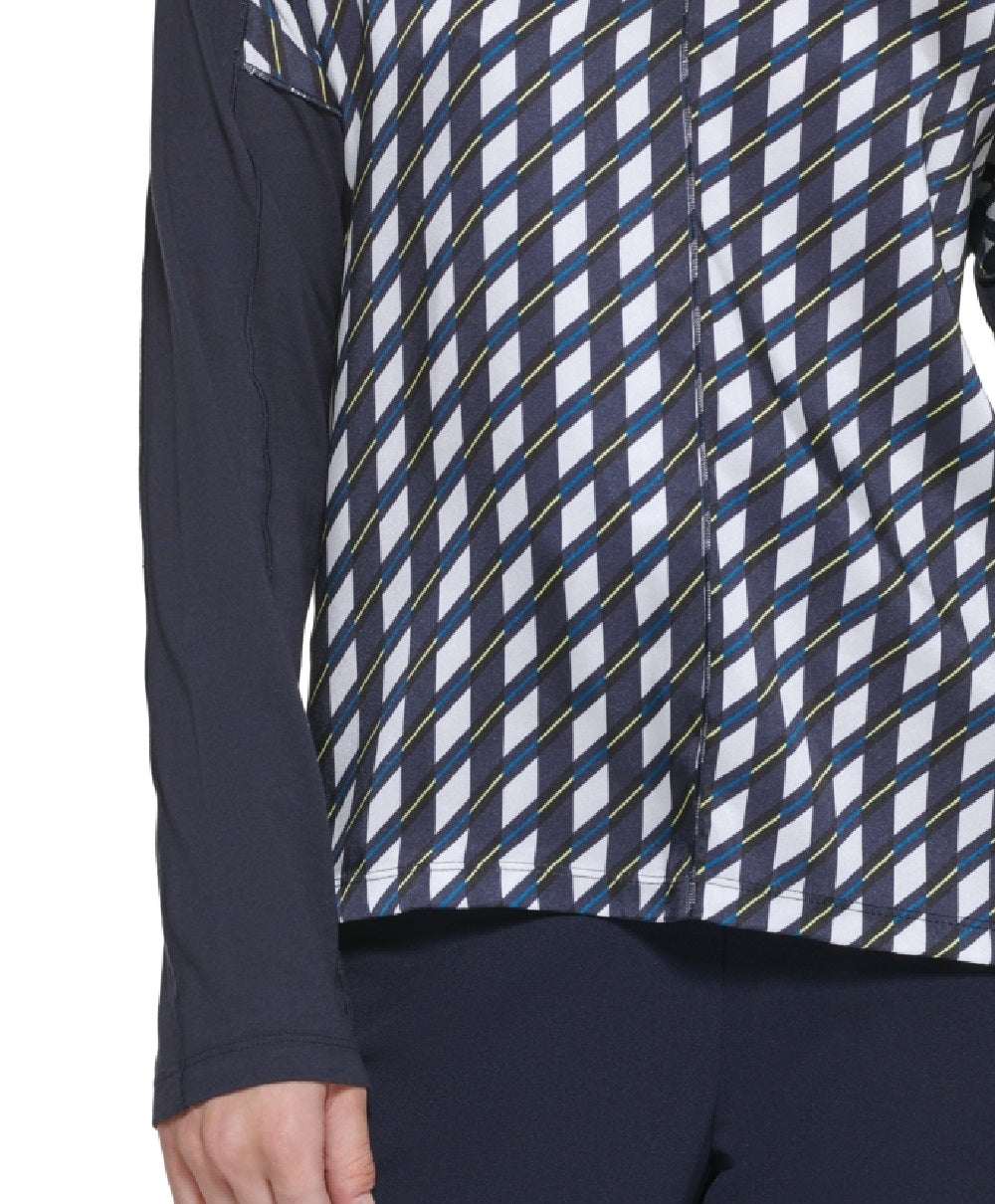 DKNY Women's Printed Mixed Media V Neck Top Blue Size X-Small