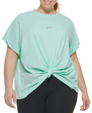 DKNY Women's Knot Front Metallic Logo T-Shirt Blue Size 3X