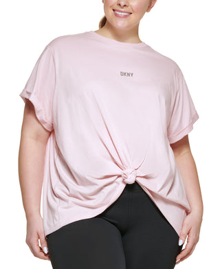 DKNY Women's Knot Front Metallic Logo T-Shirt Pink Size 1X