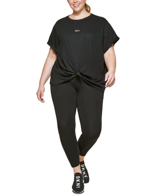DKNY Women's Knot Front Metallic Logo T-Shirt Black Size 2X