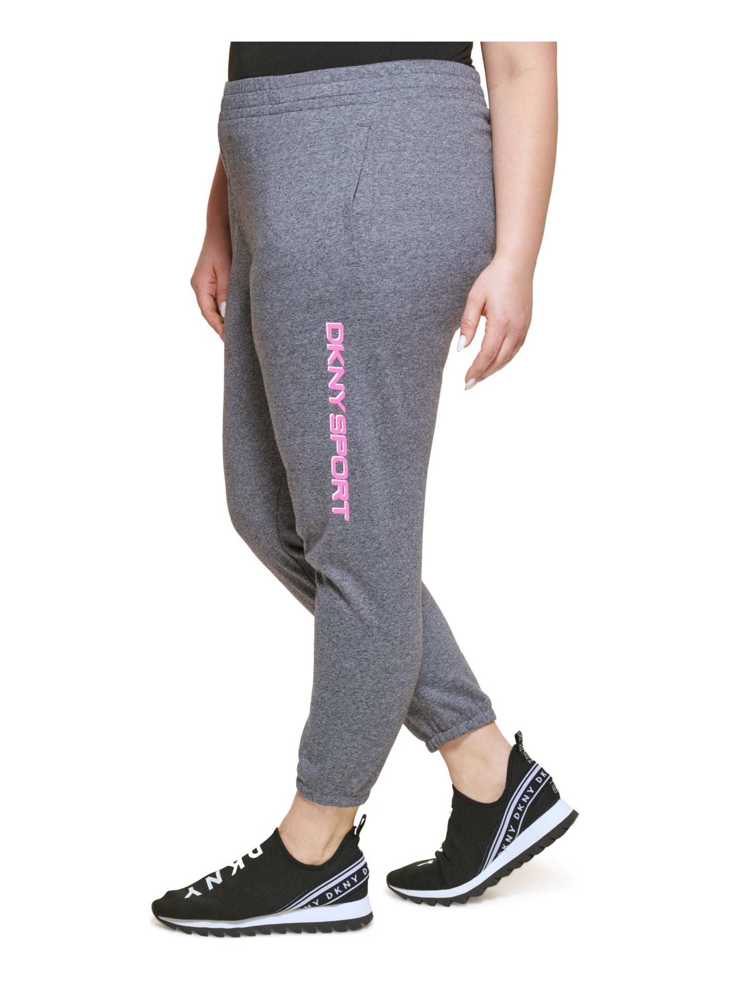 DKNY Women's Sport Tie Pocketed Drawstring Joggers Logo Graphic High Waist Pants Gray Size 3X