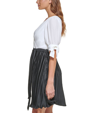 DKNY Women's Tie Sleeve Pleated Dress White Size 4