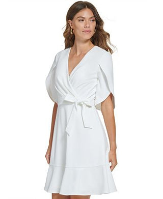 DKNY Women's Tulip Sleeve V Neck Dress White Size 10