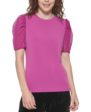DKNY Women's Mixed Media Puff Sleeve Top Purple Size Medium