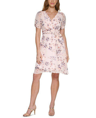DKNY Women's Floral Print Faux Wrap Dress Pink Size 14