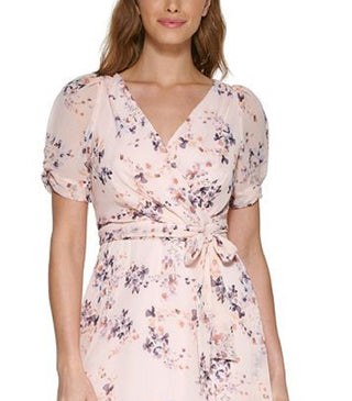 DKNY Women's Floral Print Faux Wrap Dress Pink Size 14