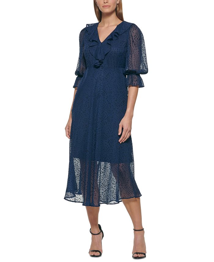 DKNY Women's Burnout Ruffled Midi Dress Blue Size 8