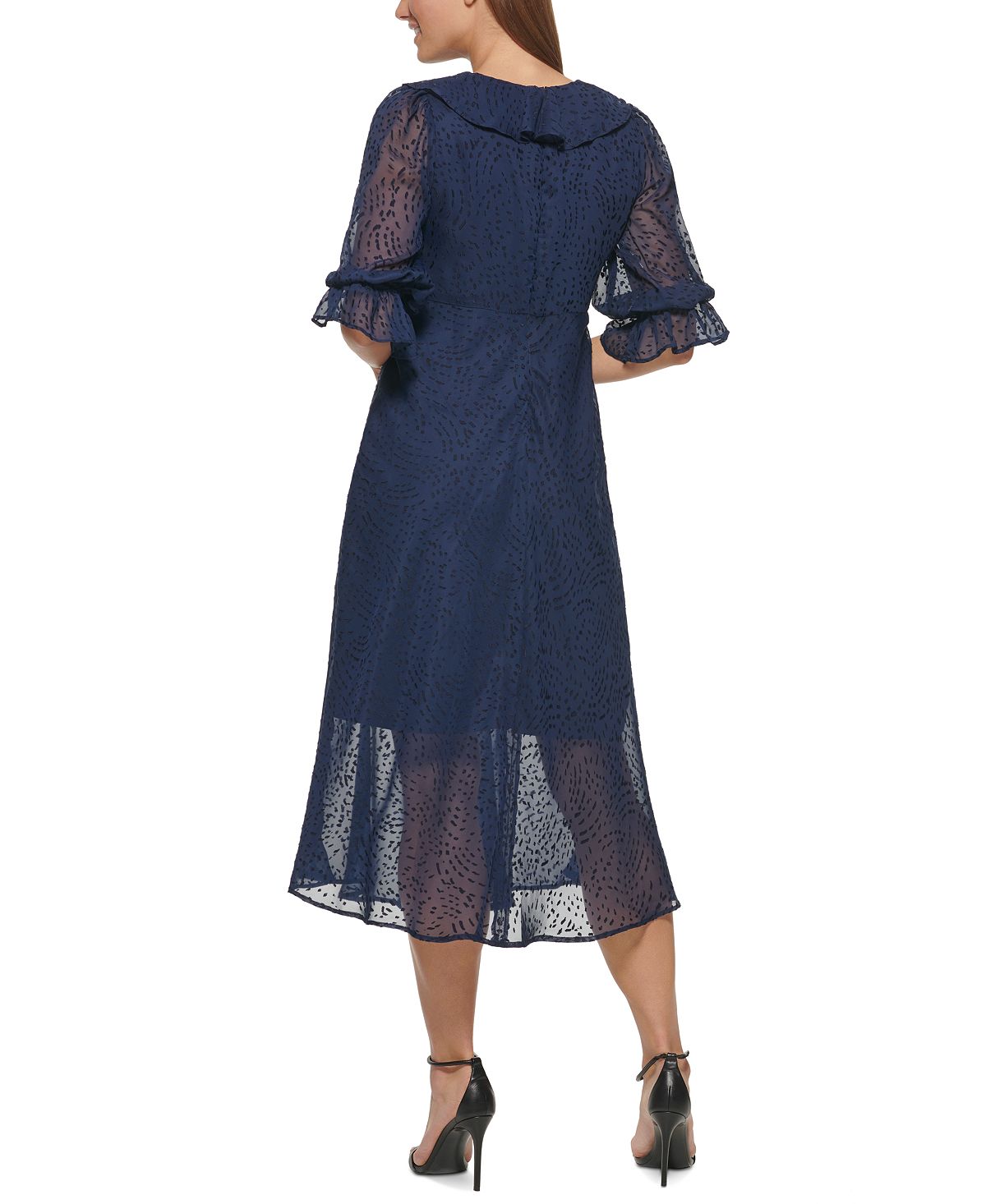 DKNY Women's Burnout Ruffled Midi Dress Blue Size 8