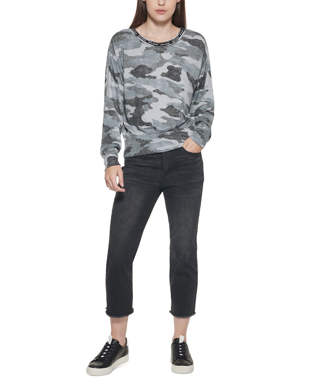 DKNY Women's Camo Long Sleeve Top Black Size Small